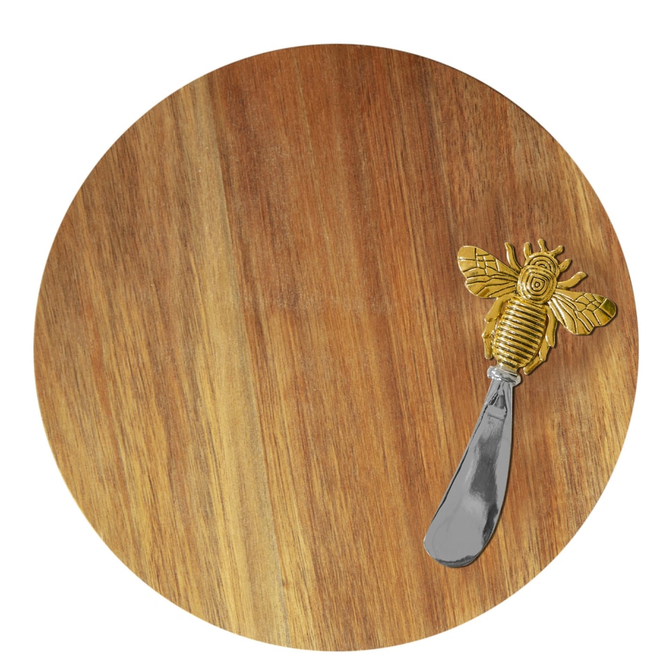 Round Acacia Wood Cheese Board With Gold Bee Decorated Cheese Spreader, Gift Boxed Brown