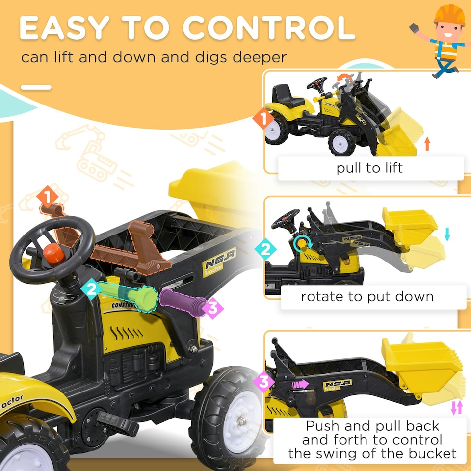 image 1 of HOMCOM Pedal Go Kart Ride On Excavator W/ Front Loader Digger, Four Wheels Child