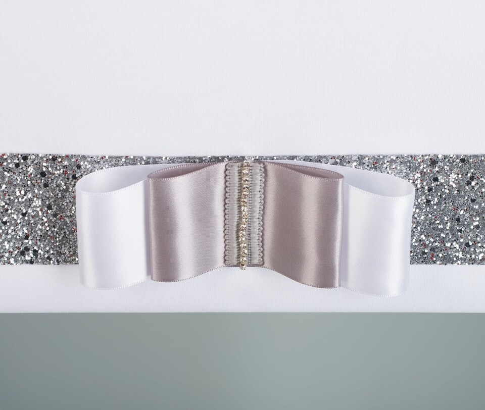 image 1 of FURNISHED Blackout Roller Blind with Silver Glitter Trim and Green Bow Cut to Size | White | White 2 | (W) 240cm x (L) 165cm