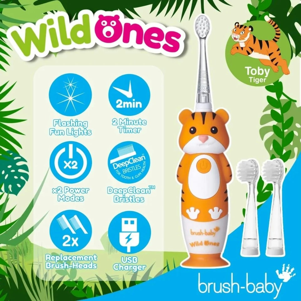 image 1 of Brush Baby WildOnes™ Tiger Kids Electric Rechargeable Toothbrush & Applemint Toothpaste