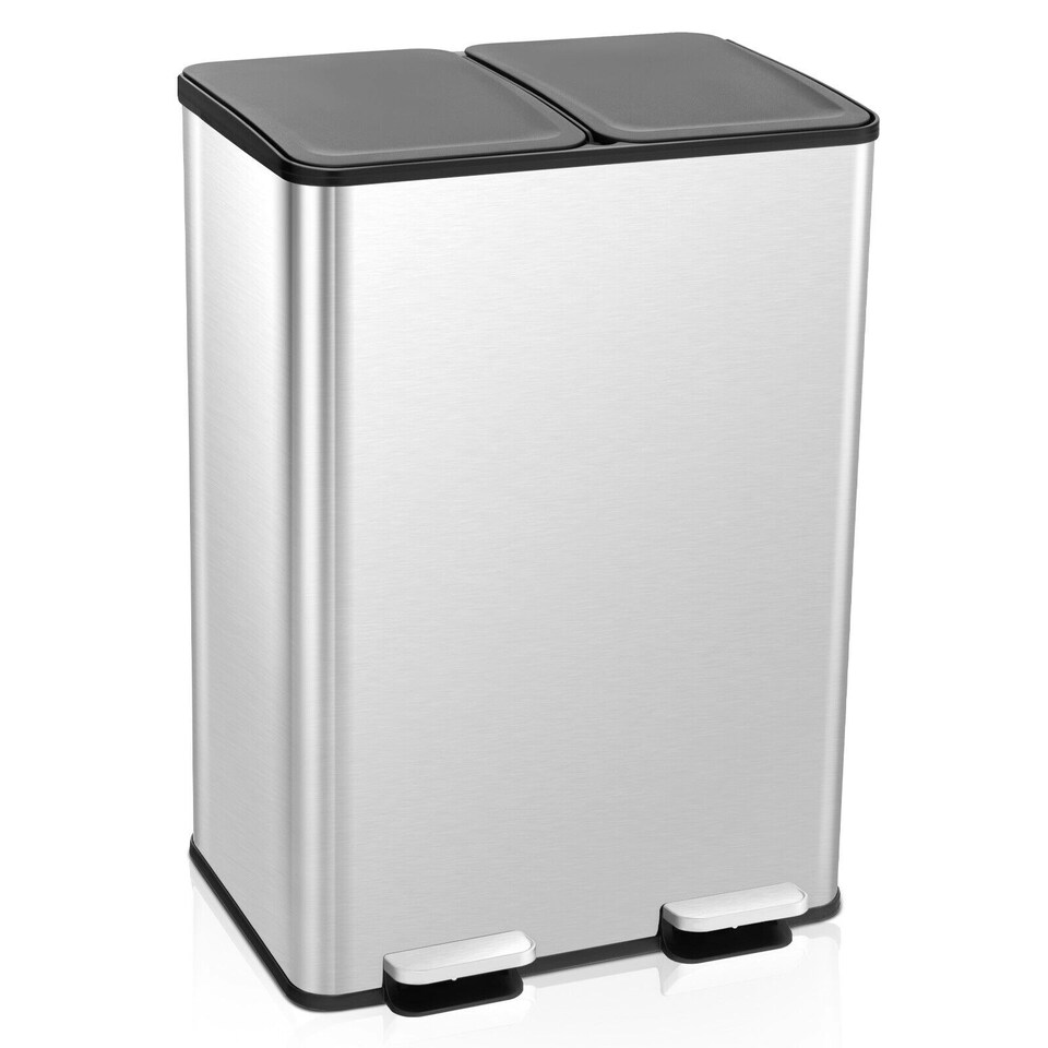 image 1 of COSTWAY 60L Dual Trash Can Bin with 2 Compartments Sliver Silver