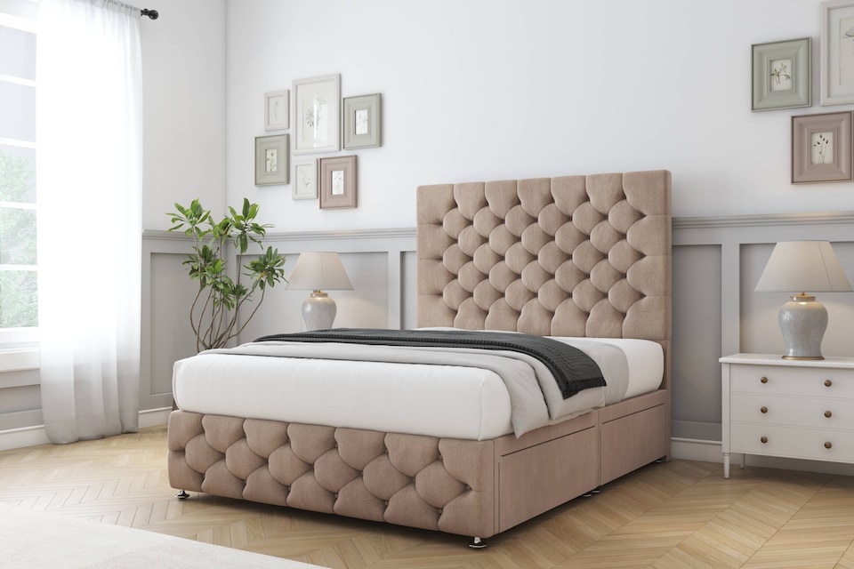 image 1 of Sloomy Watson Mink Naples Divan Bed With Mattress 2 Drawers Footend With 26" Strutted Headboard & 12" Matching Footboard 6' Super King | Brown | Mink | Super King | 1
