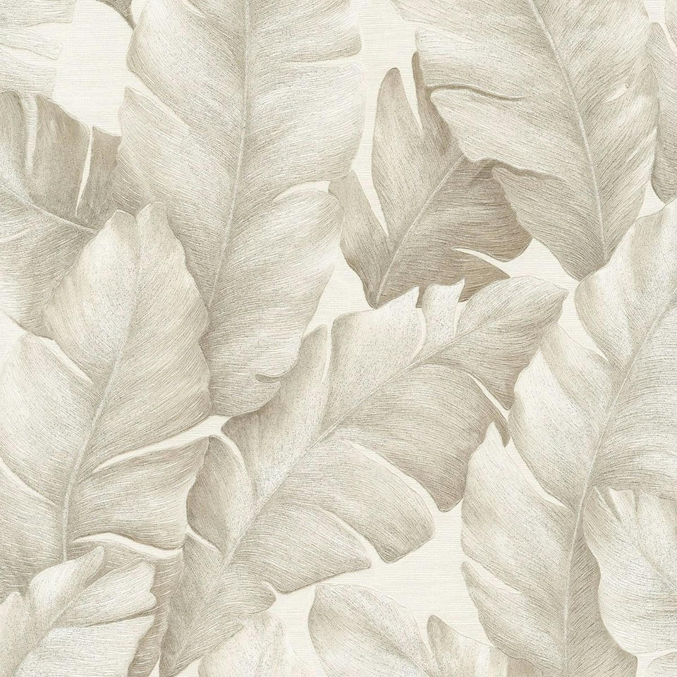 image 1 of Limetree Kew Tropical Leaves Vinyl Textured Wallpaper - Beige - 10m x 0.5m Brown