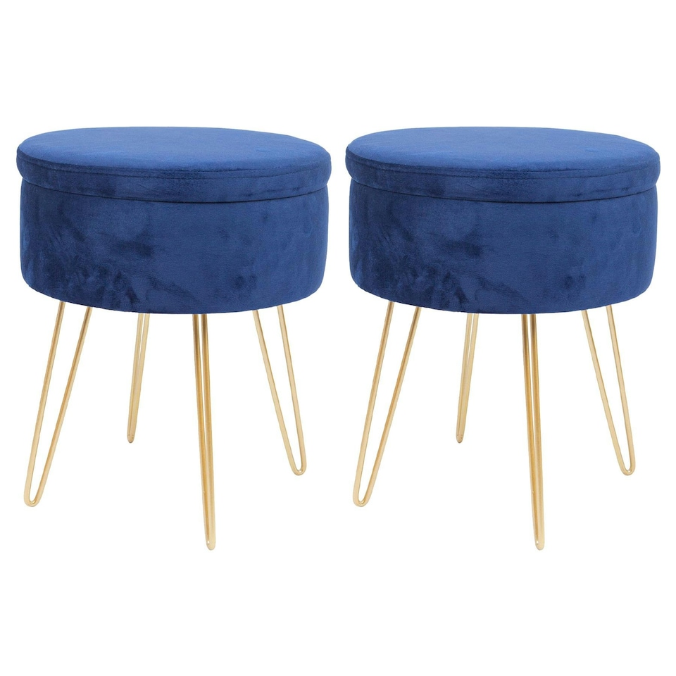 image 1 of Harbour Housewares Set Of 2 Blue Velvet Storage Footstools Round Gold Base Ottomans H45 x D36cm Stylish Interior Accent Blue