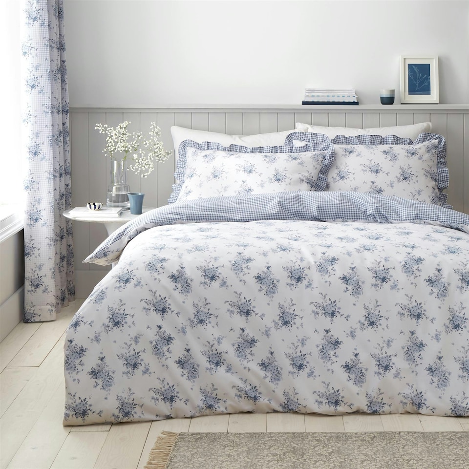 image 1 of Catherine Lansfield Lucie Floral Frill Blue Duvet Cover Set Blue | Double