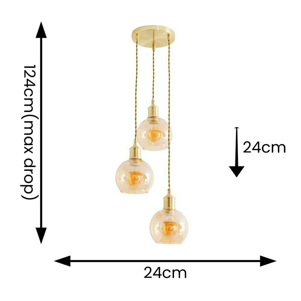 image 1 of ValueLights Bellamy Amber Glass Globe 3 Drop Cluster Gold Ceiling Pendant Light with Bulbs Gold