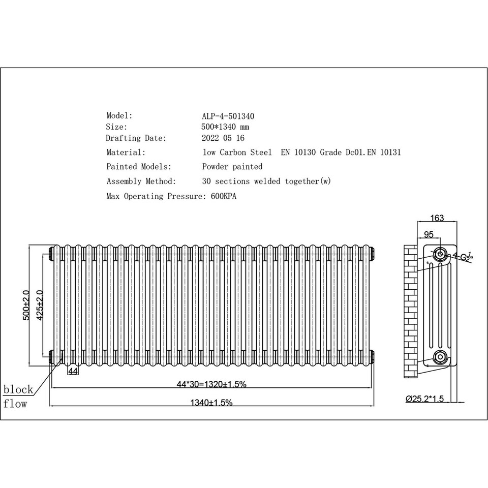 image 1 of Alpha - Raw Metal Column Radiator H500mm x W1340mm 4 Column