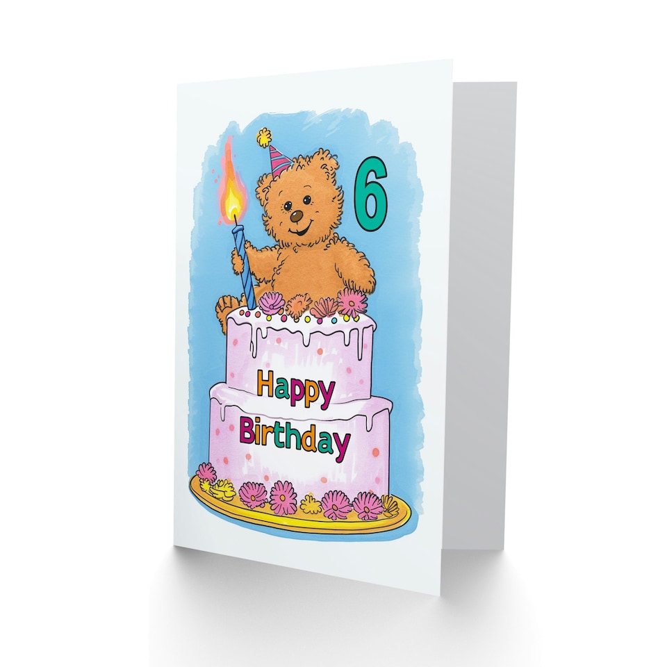 image 1 of Teddy Bear Cake Party Hat Cartoon Cute 6th 6 Year Old Child Kids Birthday Card