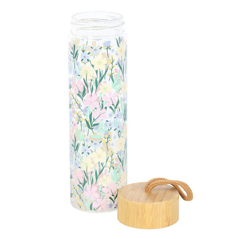image 1 of Something Different Ditsy Floral Glass Water Bottle - White/Pink/Green - One Size White | One Size