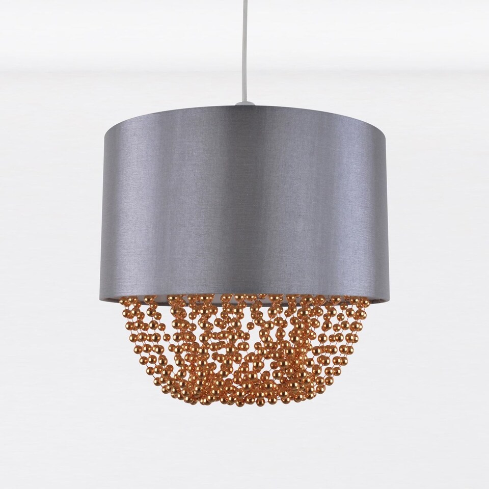 image 1 of Grey Faux Silk & Copper Jewelled Ceiling Light Shade | Grey | Copper | Medium | 1