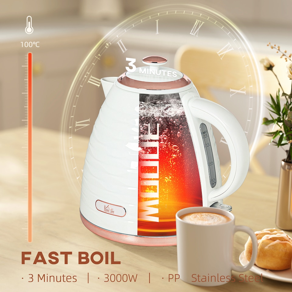 image 1 of HOMCOM Electric Kettle, Fast Boil, 1.7L, 3kW, Swivel, White Ripple