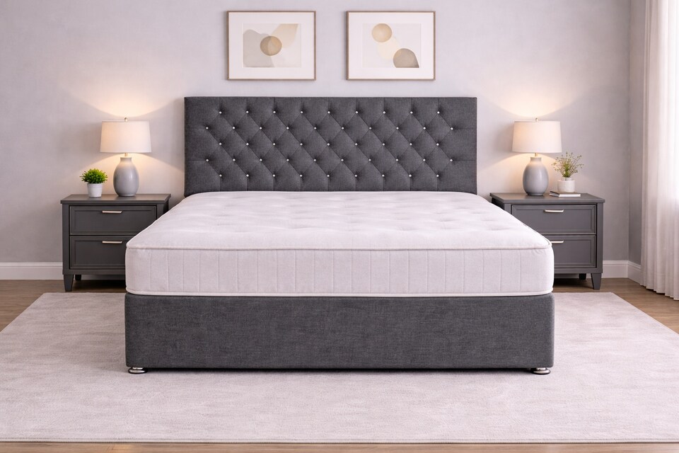 image 1 of 6FT Grey Linen Divan Bed With Headboard & Memory Sprung Mattress 4 Drawers