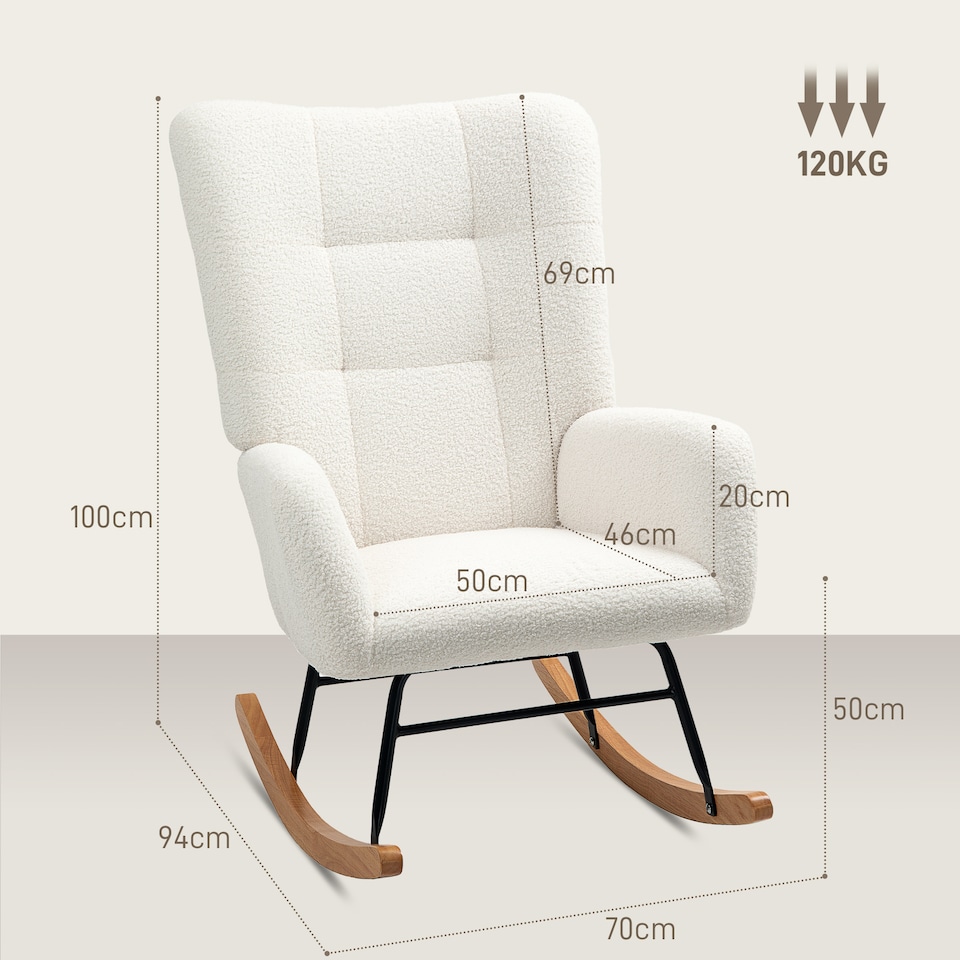 image 1 of HOMCOM Rocking Chair, Teddy Upholstered Accent Chair, Modern Armchair with Wide Backrest and Rubberwood Base for Living Room, Bedroom, Cream White | Cream | Cream