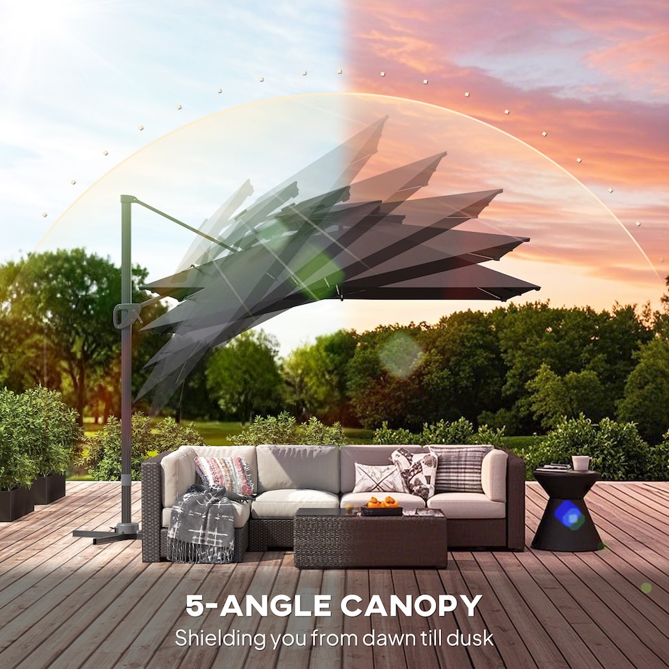 image 1 of Outsunny 3.5x3 m Garden Cantilever Parasol with Solar LED Lights and Centre Light, UPF50 Aluminium Patio Umbrella, Hanging Sun Shade with Cross Base, Crank Handle | Black | Black