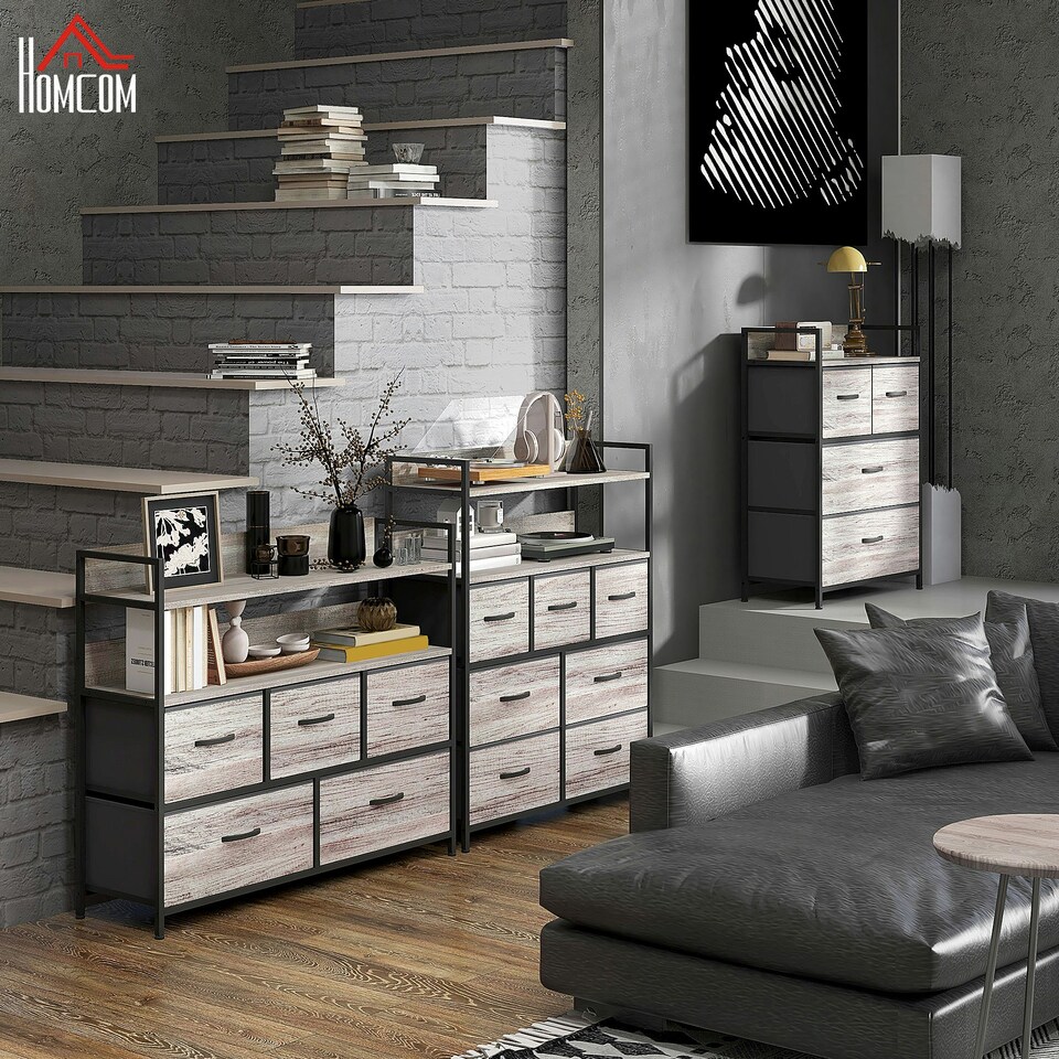 image 1 of HOMCOM Bedroom Chest of Drawers 5 Drawer Dresser w/ Shelves, Grey Wood Effect