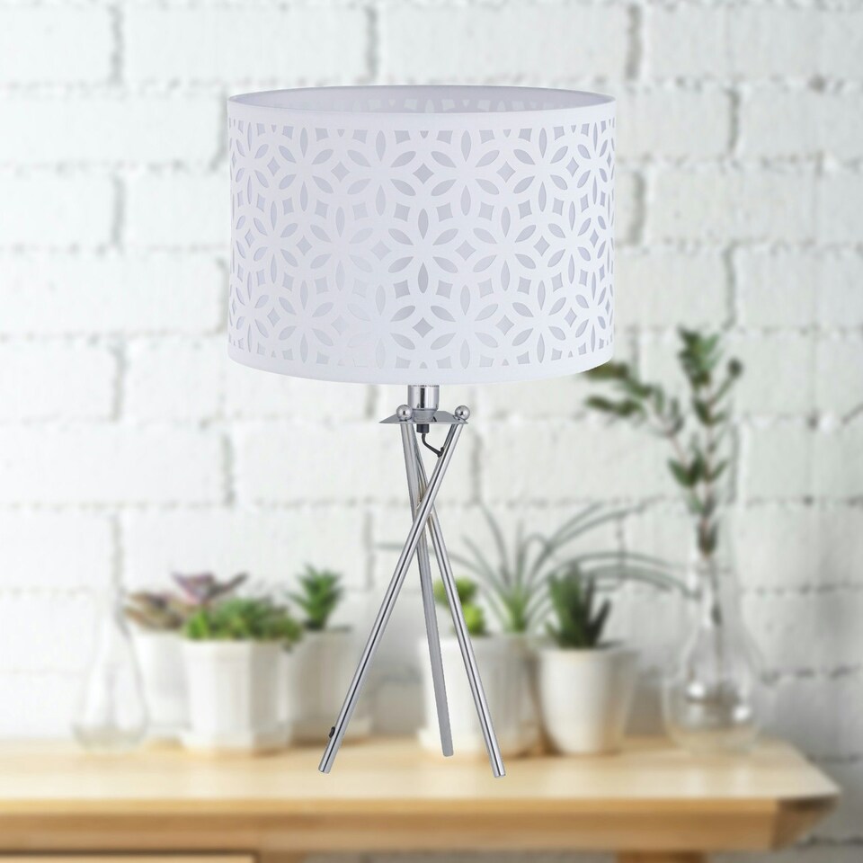 image 1 of First Choice Lighting Chrome Tripod Table Lamp with White Laser Cut Shade Chrome | White