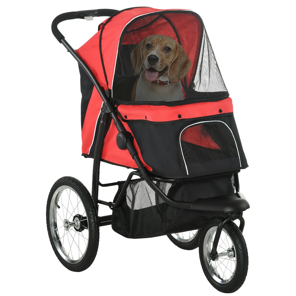 image 1 of PawHut Three-Wheel Pet Stroller, for Medium, Small Dogs, Foldable Cat Pram - Red