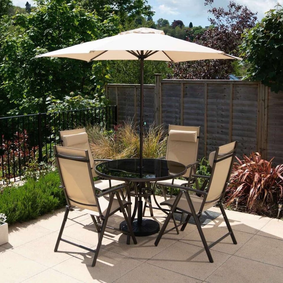 image 1 of 4 Seater Dining Set Garden Furniture With Parasol Reclining Chairs Glass Table In Mocha