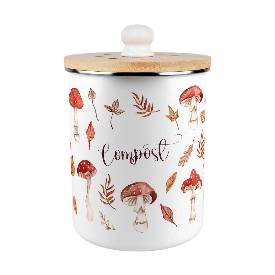 image 1 of Watercolour Mushrooms Compost Caddy - Metal 2L Decorative Kitchen Food Waste Bin