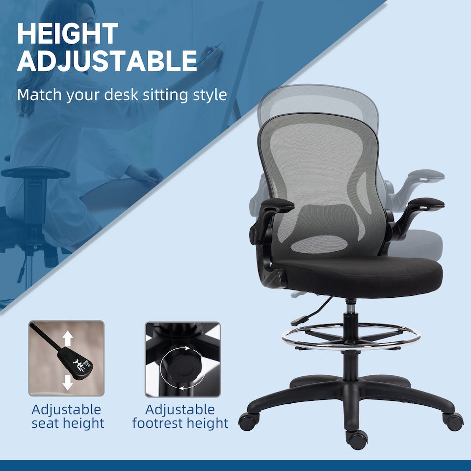 image 1 of Vinsetto Drafting Chair, Ergonomic Tall Office Chair with Flip-up Armrests, Mesh Back, Lumbar Support, Adjustable Height and Foot Ring, Swivel Wheels, for Standing Desk, Dark Grey | Grey
