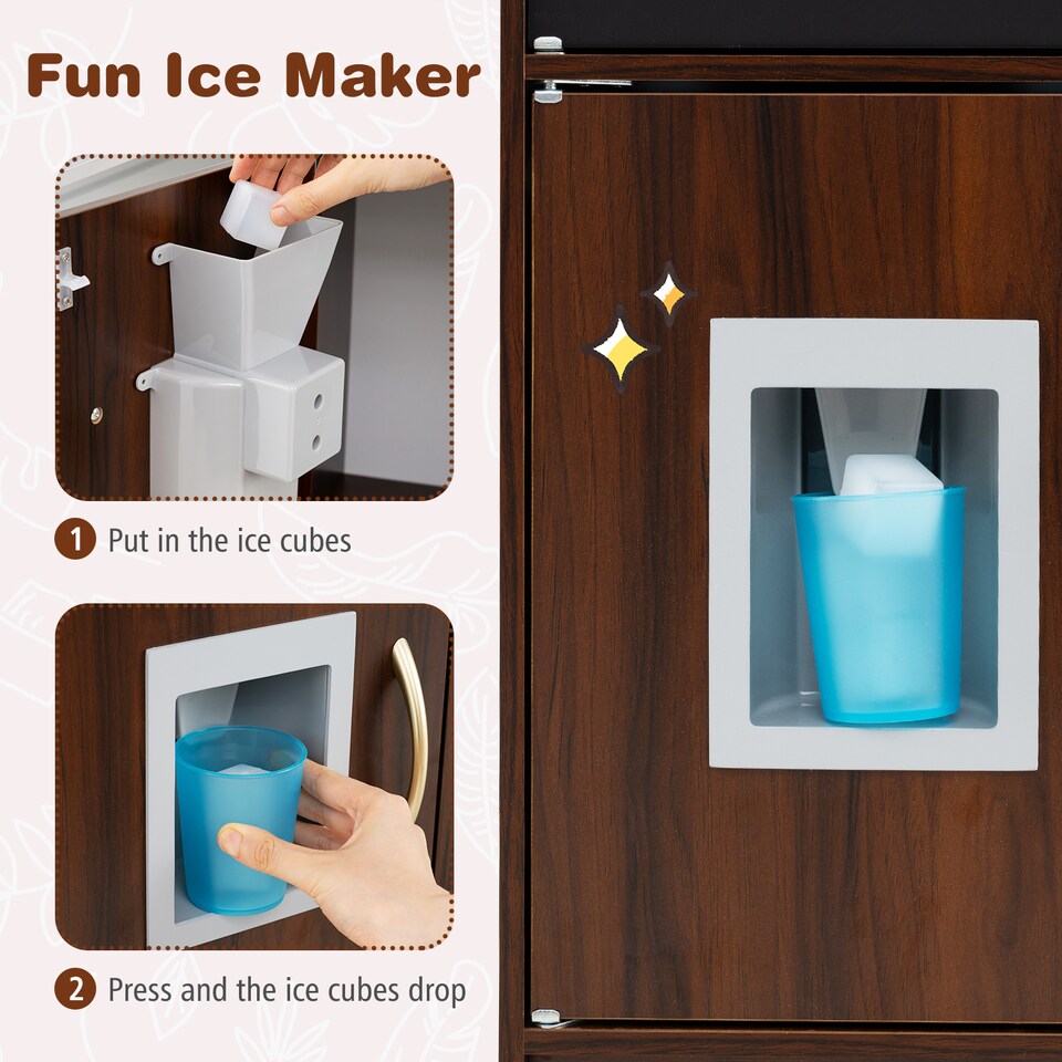 image 1 of COSTWAY Wooden Play Kitchen Kids Pretend Play Toy w/Microwave Ice Make-Brown