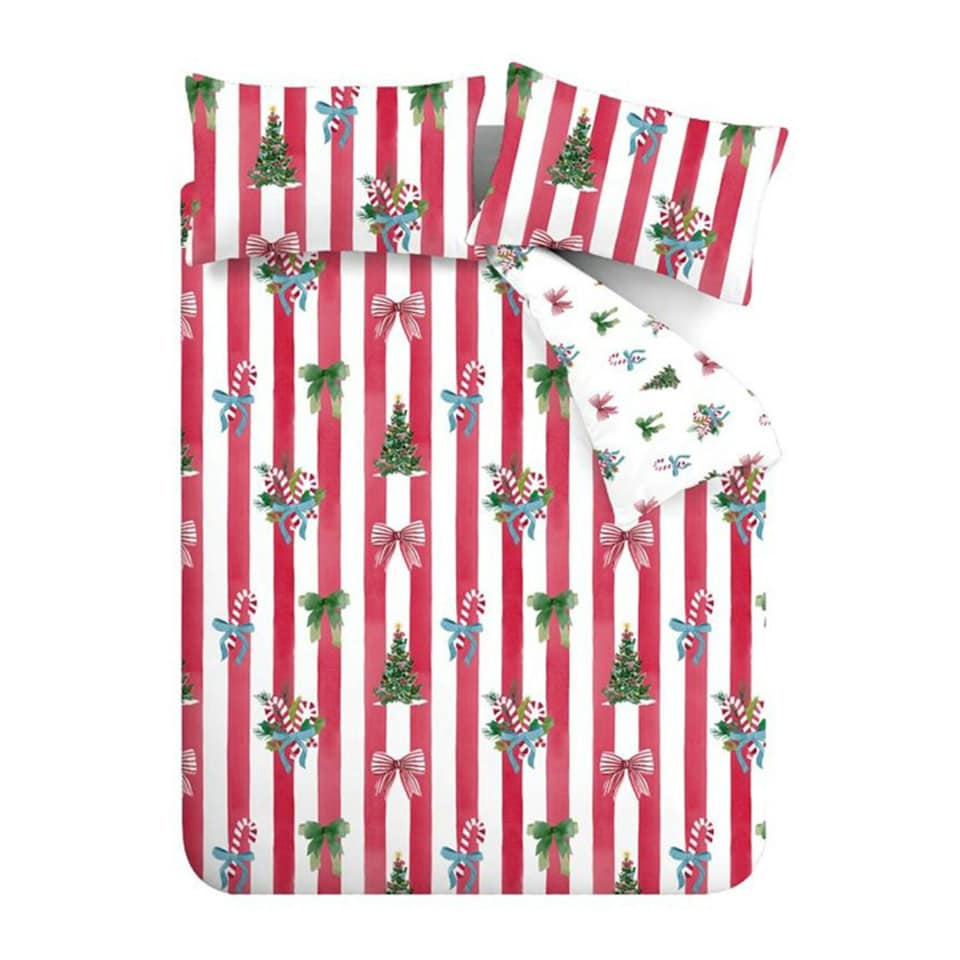 image 1 of Catherine Lansfield Christmas Stripe Reversible Duvet Cover Set Red Red | Super King