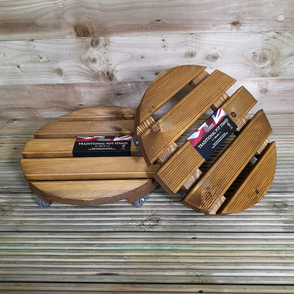 image 1 of Pack of 2 Tom Chambers Handcrafted Heavy Duty Round Traditional Wood Garden Patio Plant Flower Pot Stand Caddy Trolley Dolly on Strong Metal Castor Wheels 40cm