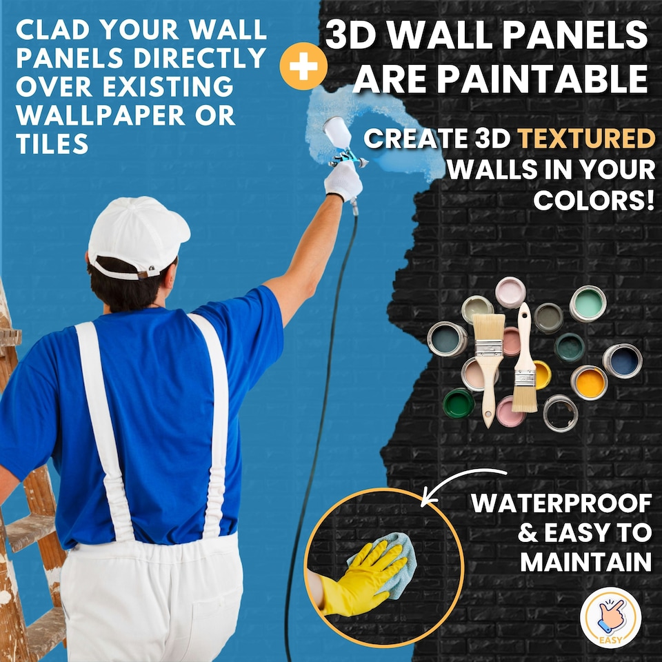 image 1 of NOVECRAFTO Brick Effect 3D Wall Panels – 6 Sheets Covering 1.5m² | 16.15ft² Interior Cladding Set | Urban Brick Design – Each Panel 50x50cm Classic Brick Black