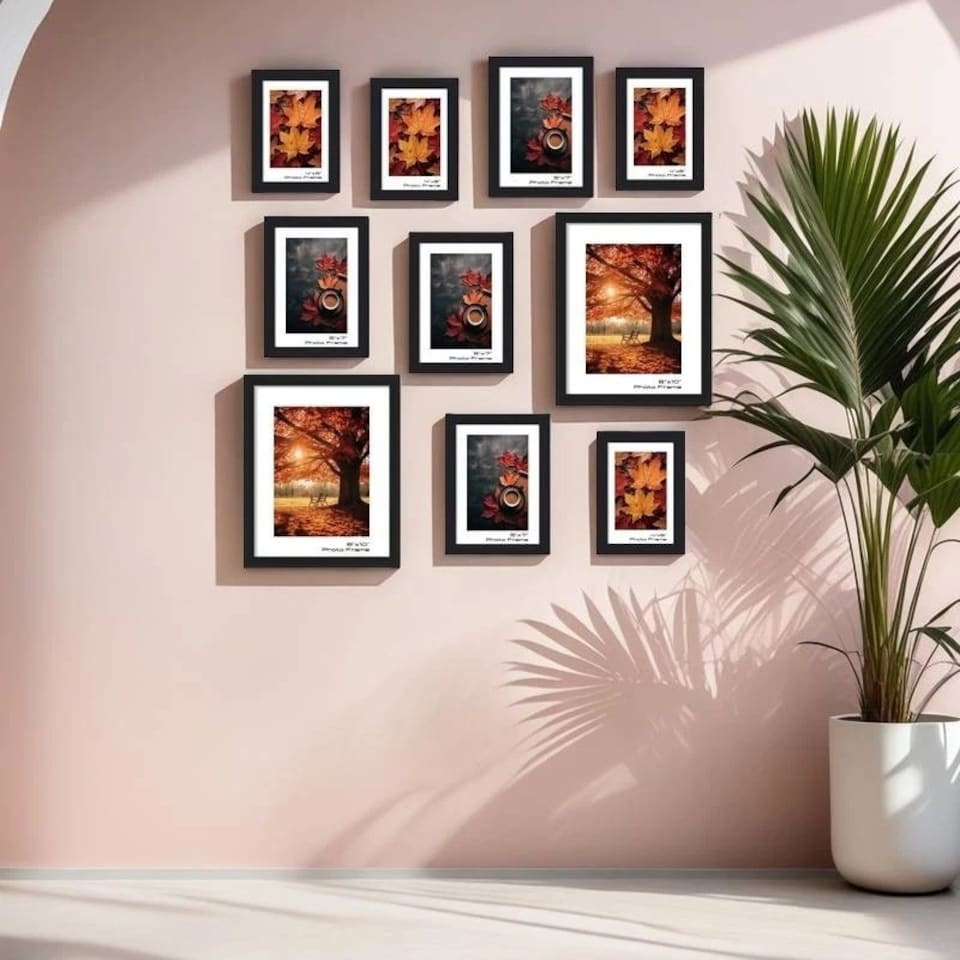 image 1 of 10 Pc Modern Photo Frame Set Wall Mountable and Freestanding Gallery | Black | Black | Not provided
