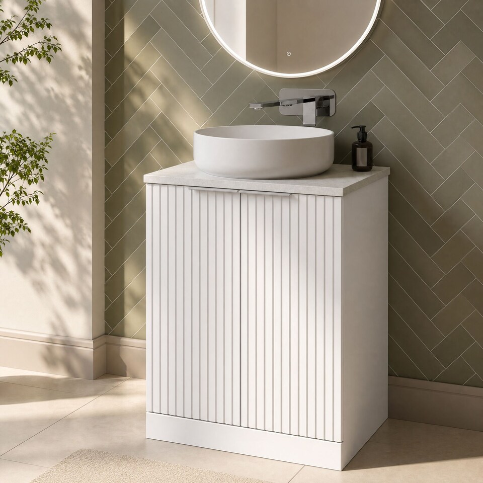 image 1 of Balterley Callingwood Contemporary Floor Standing 2 Door Vanity Unit with White Sparkle Laminate Worktop , 600mm, Matt White