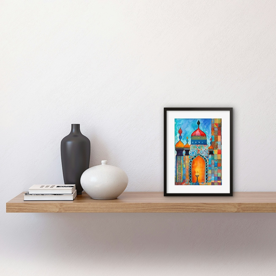 image 1 of Abstract Islamic Mosque Entrance Prayer Folk Art 9x7" Black Framed Wall Art Print