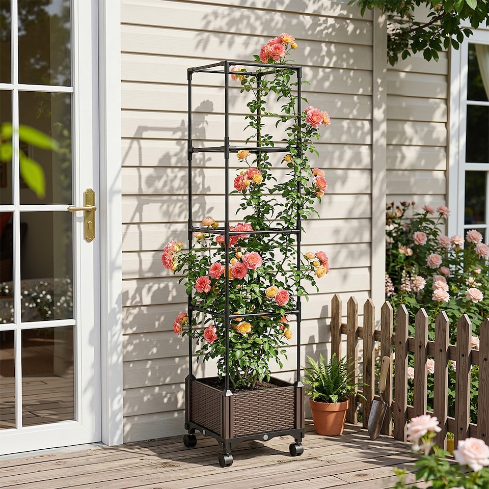 image 1 of Living and Home Rolling Raised Garden Bed with Trellis – Plant Caddy & Flower Stand