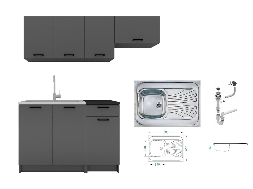 image 1 of Kitchen Cabinets 5 Unit with Sit On Sink Black Grey Complete Kitchenette 180cm DIY Set Fitted Kitchen Package with Worktop Lina