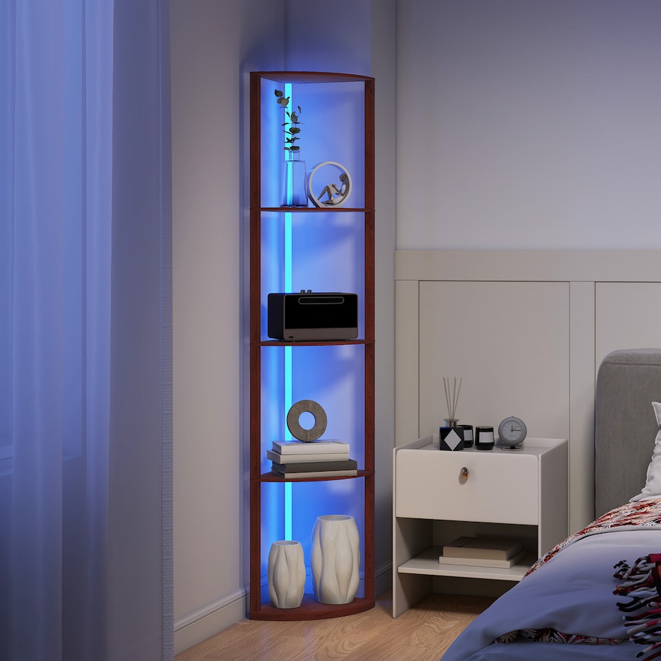 image 1 of HOMCOM RGB LED Floor Lamp with Shelves, 5-Tier Dimmable Standing Lamp with Adjustable Brightness and Remote Control, Modern Corner Display Shelf Unit for Living Room Bedroom Office, Brown | Brown