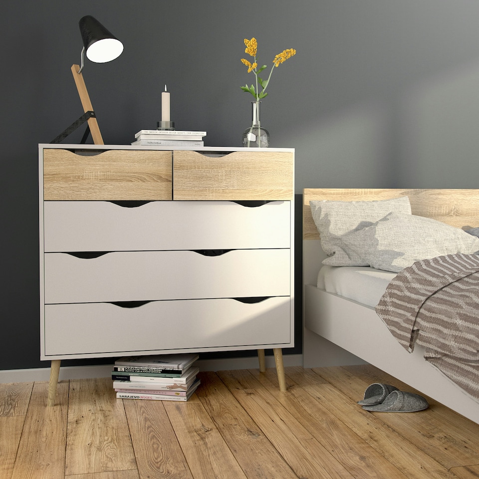 image 1 of Oslo Chest of 5 Drawers in White and Oak