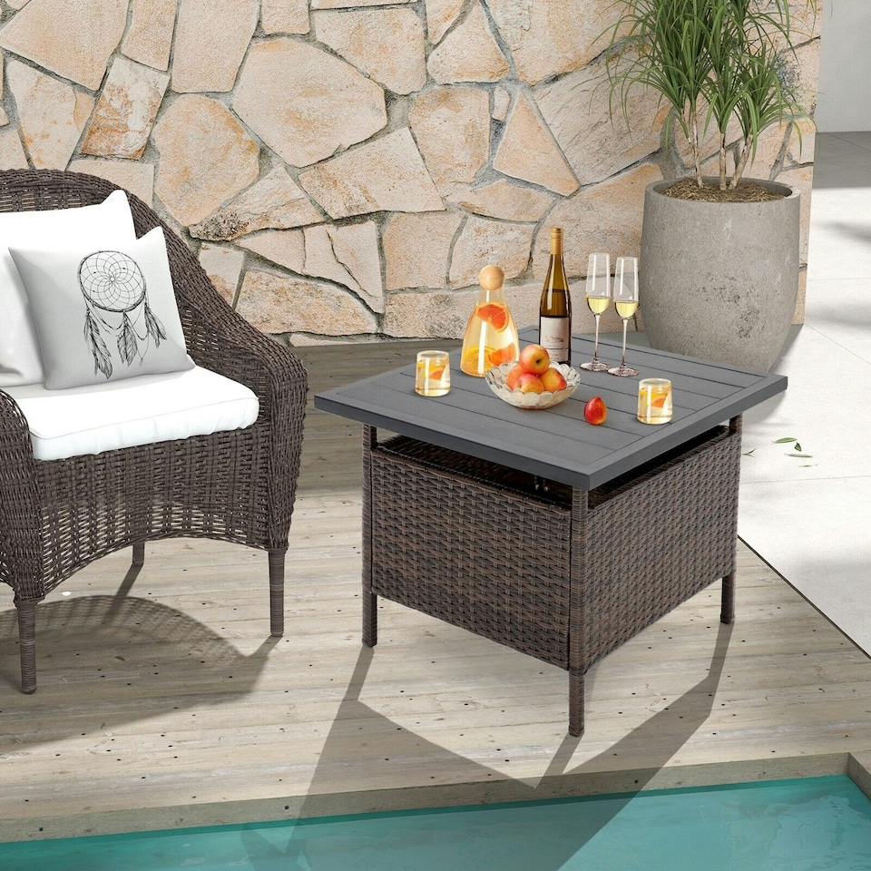 image 1 of COSTWAY Rattan Umbrella Side Table Outdoor Garden Table Brown