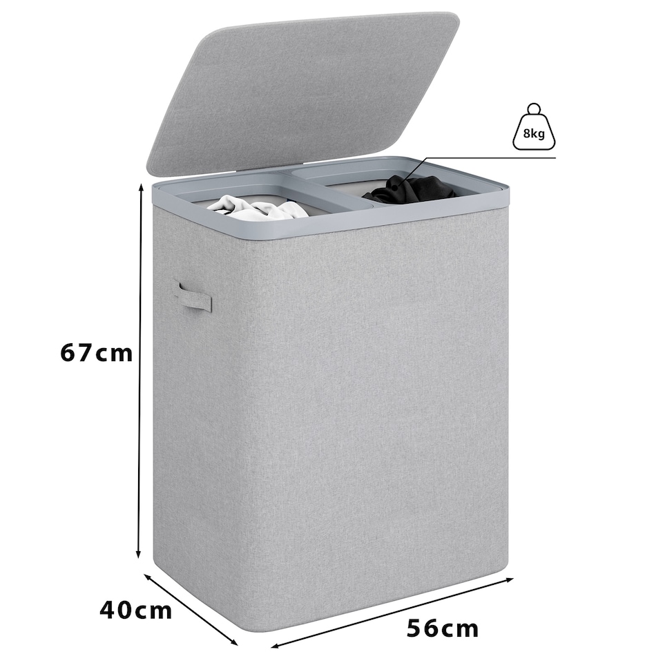 image 1 of Gr8 Home Grey Double Laundry Seperation Hamper Bin Large Clothes Washing Basket With Lid