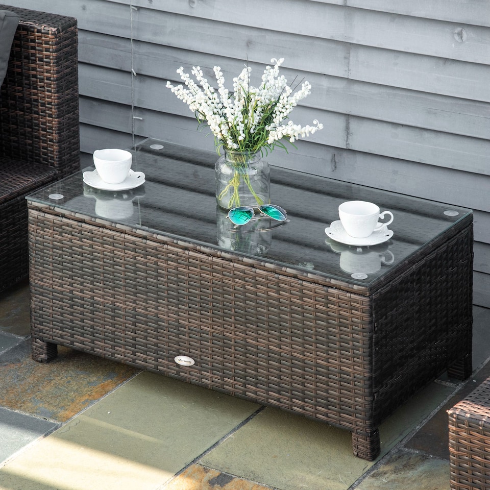 image 1 of Outsunny PE Rattan Coffee Table, Rectangular Outdoor Coffee Table with Tempered Glass Top, 70 KG Capacity for Garden, Balcony, Terrace, Patio, Mixed Brown