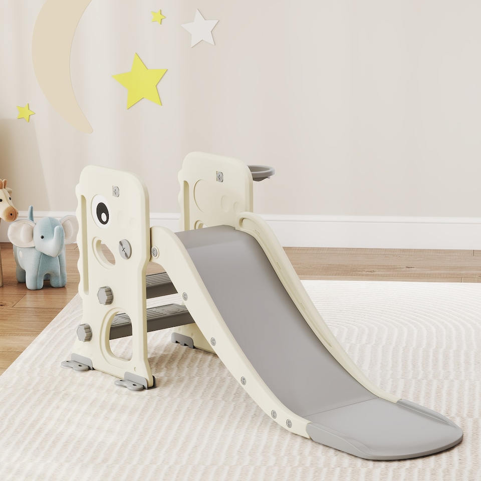 image 1 of AIYAPLAY Foldable Kids Slide with Climber, Basketball Hoop, Cream White