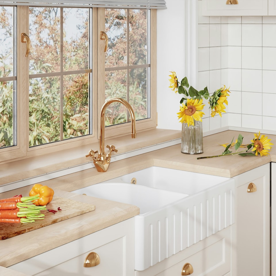 image 1 of Fireclay Kitchen Double Bowl Fluted Front Butler Sink Full Weir 795mm