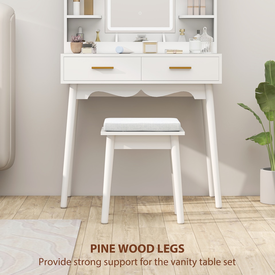 image 1 of HOMCOM Dressing Table with LED Lighted Mirror and Cushioned Stool White