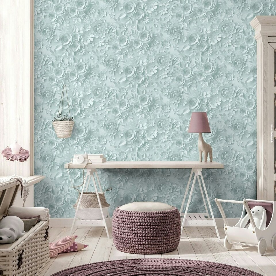 image 1 of Muriva My Kingdom Flowers Textured Wallpaper - Duck Egg - 10m x 53cm Blue