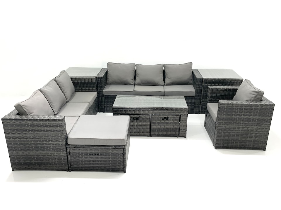 image 1 of Fimous Outdoor Garden Furniture Set 10 Seater Rattan Sofa Set with Coffee Table 3 Footstools Armchair 2 Side Tables Dark Grey Mixed