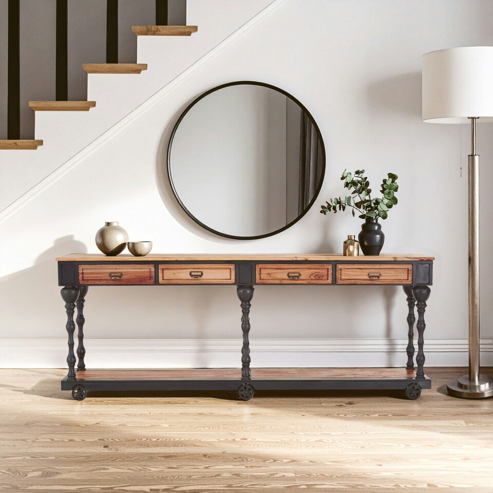 image 1 of Ample Storage 4 Drawer Console Table, Functional Design Sofa Table For Livingroom, Durable Console Table Cream