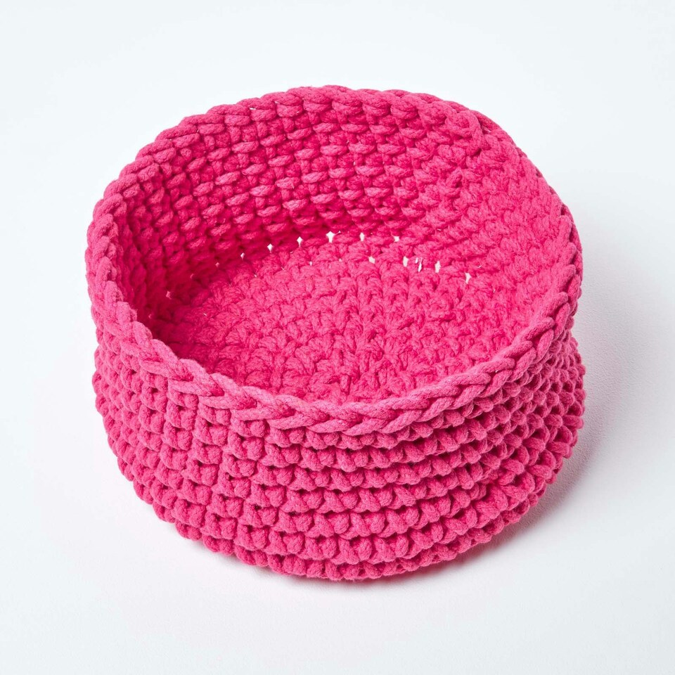 image 1 of Homescapes Hot Pink Cotton Knitted Round Storage Basket - 37 x 21 cm Pink | M