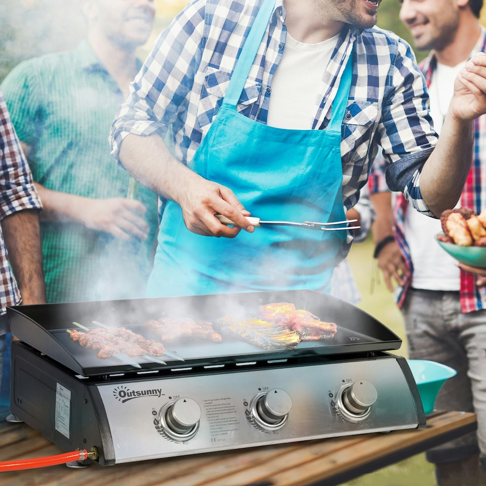 image 1 of Outsunny Portable Gas Plancha BBQ Grill with 3 Stainless Steel Burner, 9kW