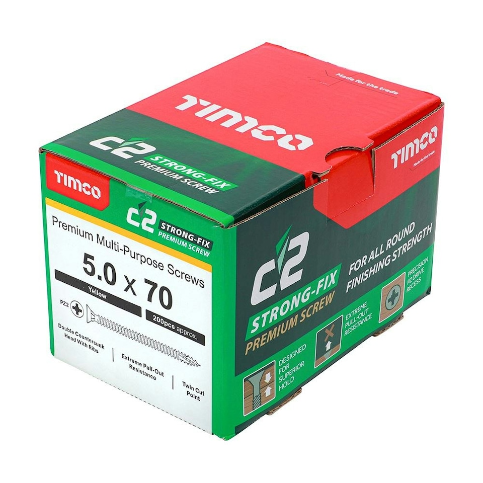 image 1 of Timco - C2 Strong-Fix Multi-Purpose Premium Screws - PZ - Double Countersunk - Yellow (Size 5.0 x 70 - 200 Pieces)