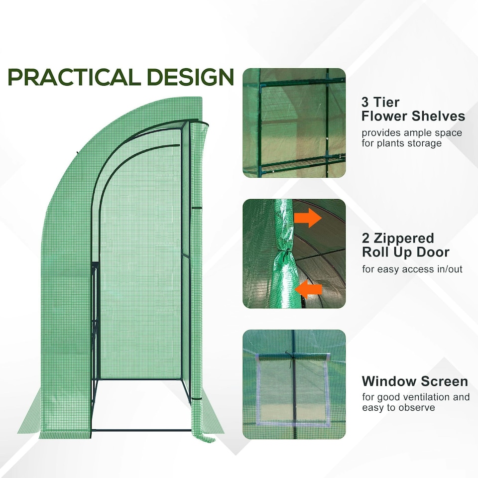 image 1 of Outsunny Walk-In Lean to Wall Greenhouse w/Window&Door 200Lx 100W x 215Hcm Green