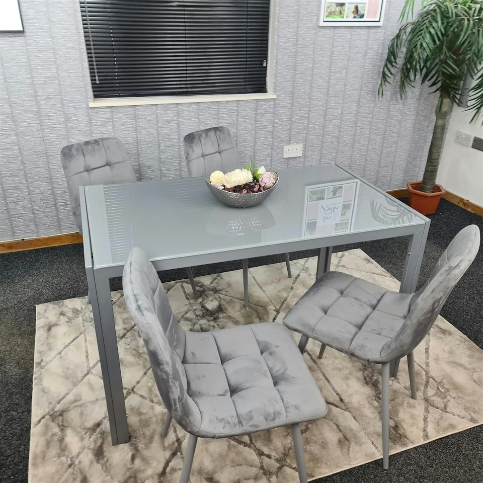 image 1 of Dining Table and 4 Grey Velvet  Chairs Grey  Glass Table 4 Velvet Chairs  Dining Room Furniture | Grey | 5