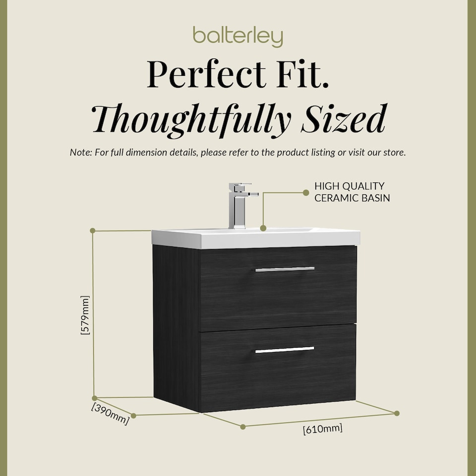 image 1 of Bathroom Wall Hung 2 Soft Close Drawer Vanity Unit, Black, 610mm | Black | Charcoal Black | 579 x 610 x 390mm